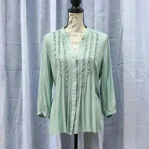Spense Size L Women's grey-green long sleeve ruffle front button down blouse